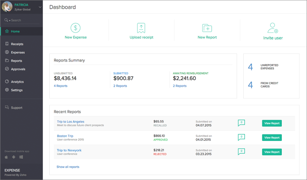 Zoho expense tracking and reporting. 