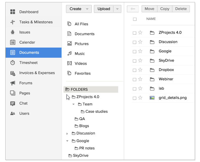 Document management folders in Zoho Projects.,
