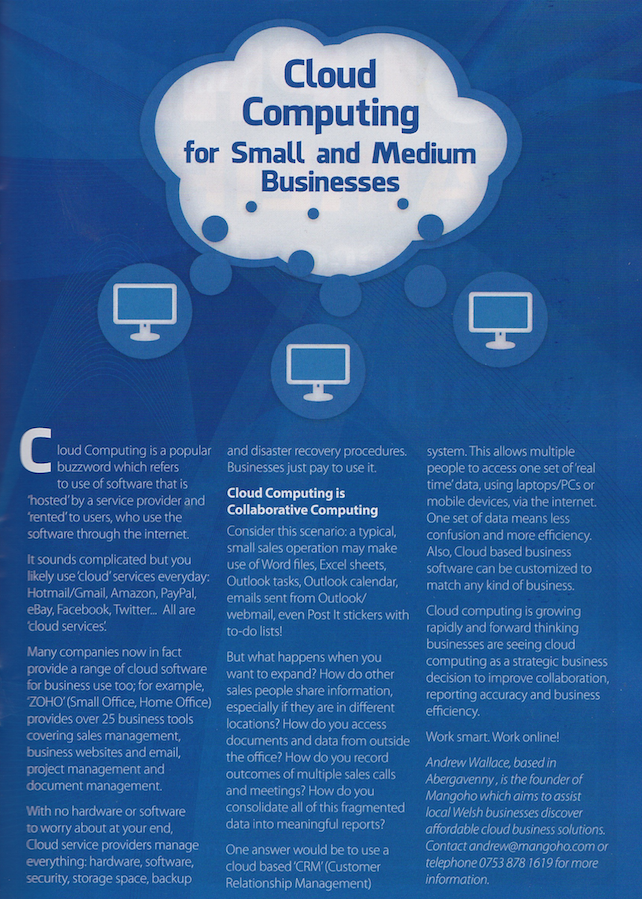 Cloud Solutions for Small Businesses is an article written by Mangoho for the Abergavenny Focus