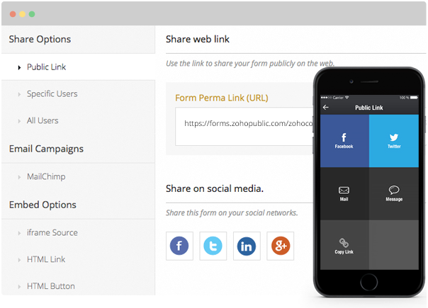 Zoho Forms allows easy sharing of web forms