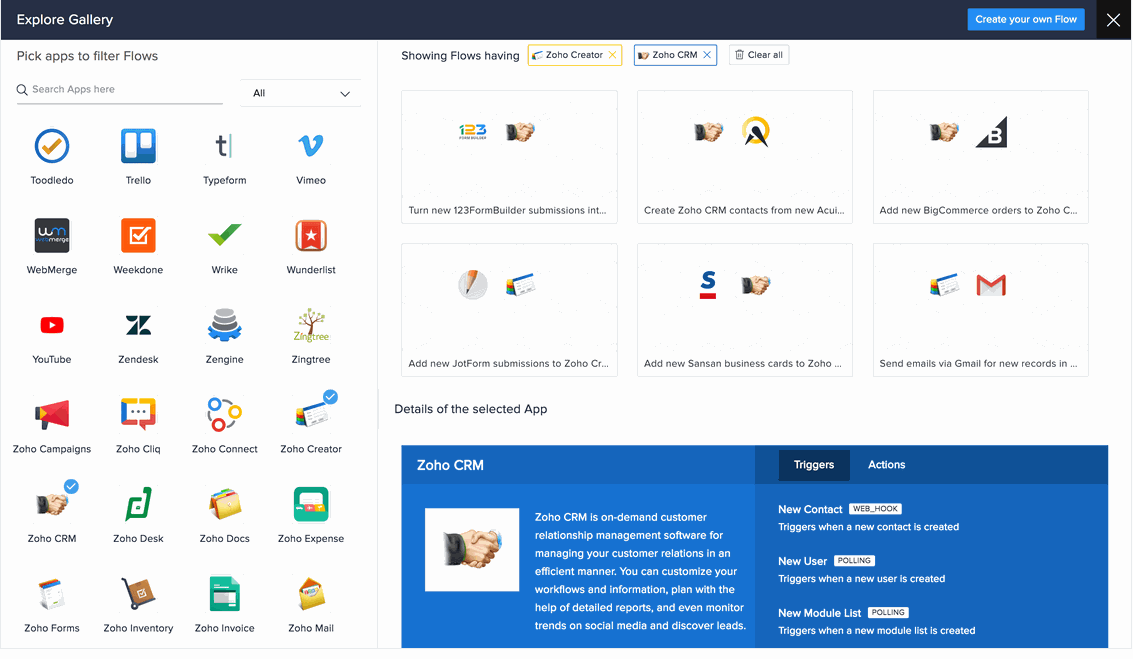 Zoho Flow has an app gallery to connect with numerous apps