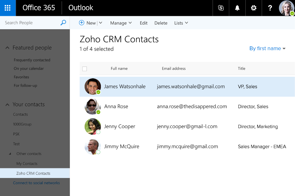 Office365 integration to Zoho CRM online CRM software
