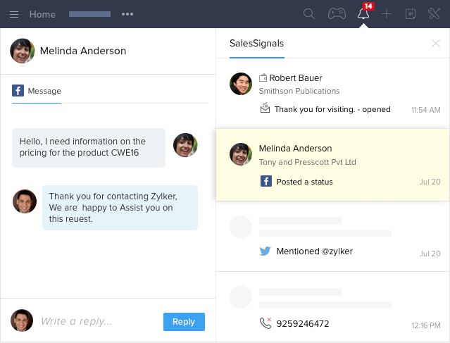 Zoho CRM SalesSignals consolidates all client communications in one place
