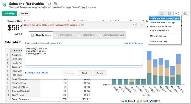 Zoho Reports BI platform is integrated to Zoho Books online accounting software