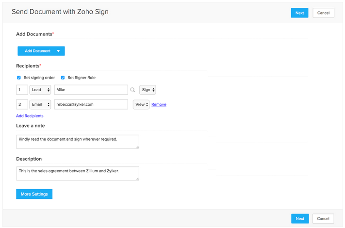 e-Sign Documents with Zoho Sign with integration to Zoho CRM