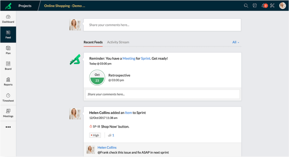 Social feeds using Zoho Sprints keep teams updated